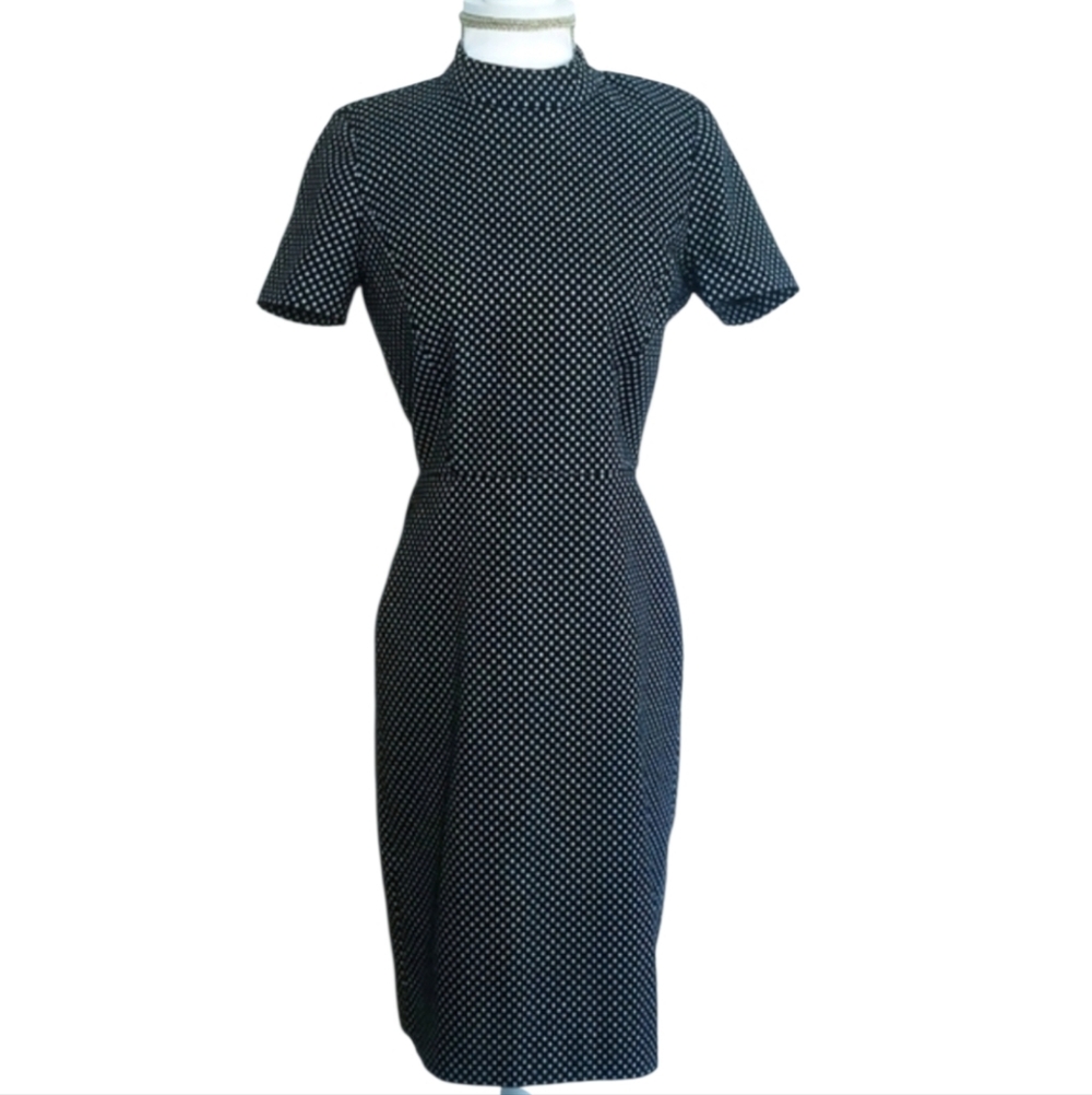 J. Crew Factory Dress Black with Gold Polka Dot Print Mock Neck Sheath Dress